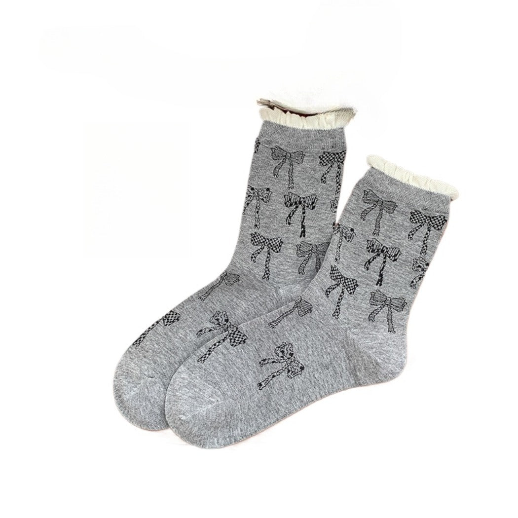 Rufia - Retro Doodle Bow Crew Socks - Sweet &amp; Stylish