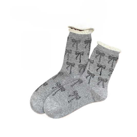 Rufia - Retro Doodle Bow Crew Socks - Sweet &amp; Stylish