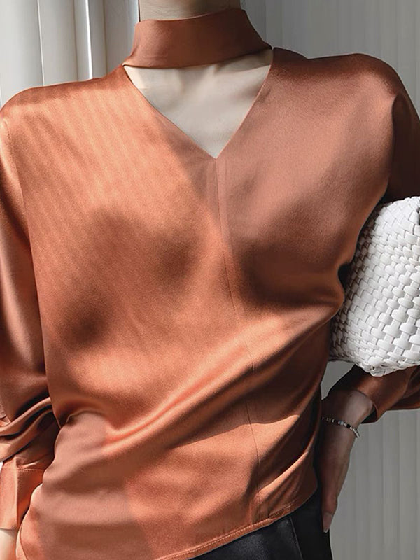 Wrap Hollow Solid Color V-Neck Blouses&Shirts Tops