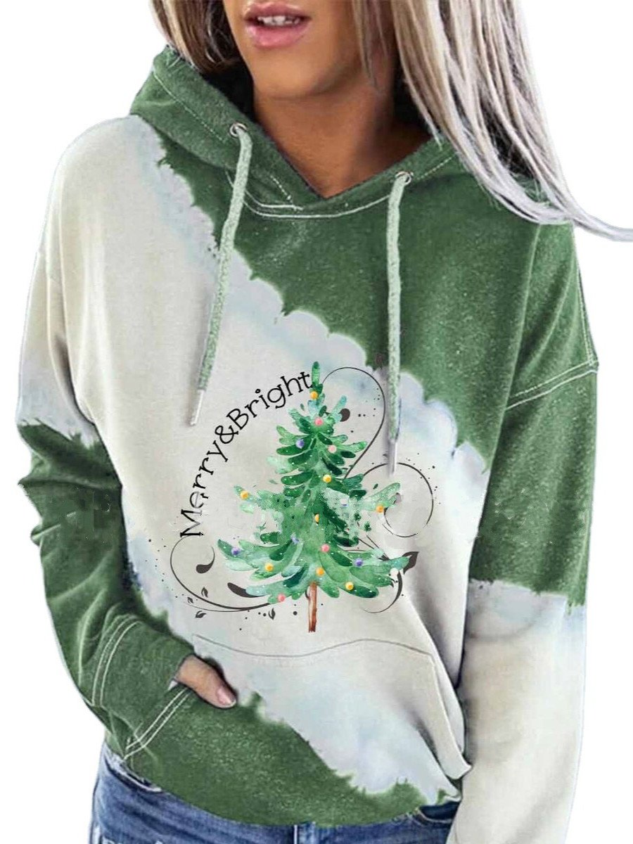 Women'S Merry & Bright Christmas Tree Print Tie-Dye Hoodie