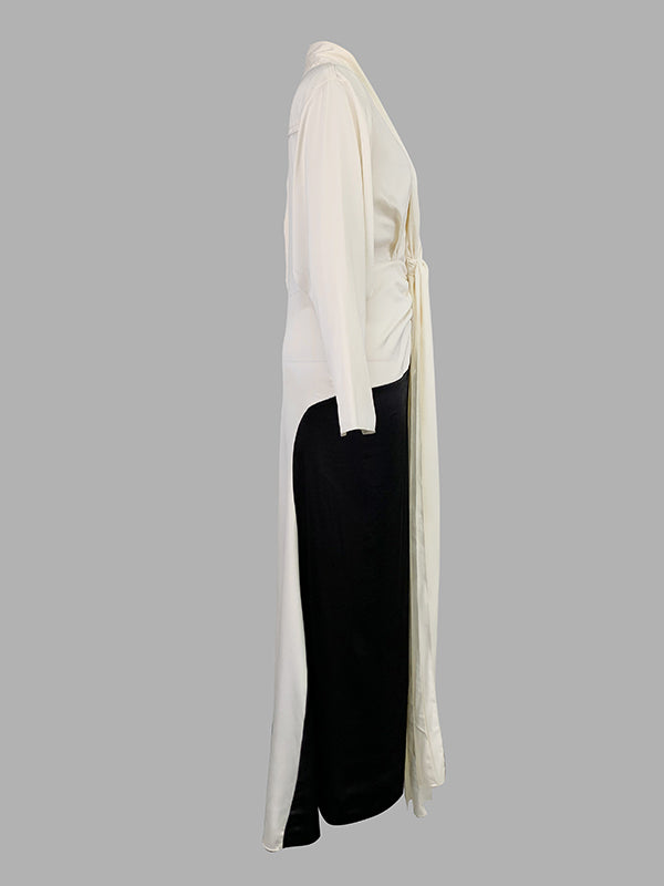Long Sleeves Loose Contrast Color V-neck Evening Dresses Maxi Dresses