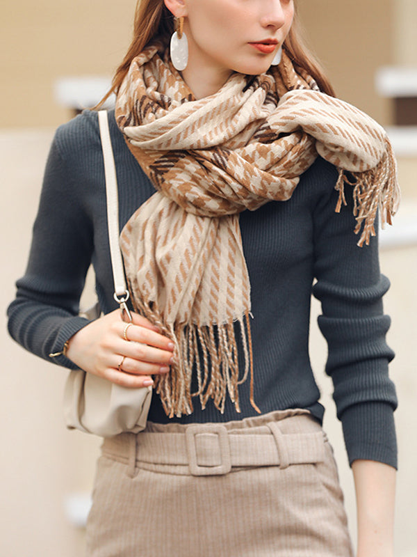 Houndstooth Plaid Tasseled Shawl&Scarf
