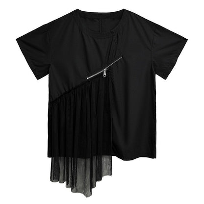 Vintage Mesh Zipper Short Sleeve T Shirt Women