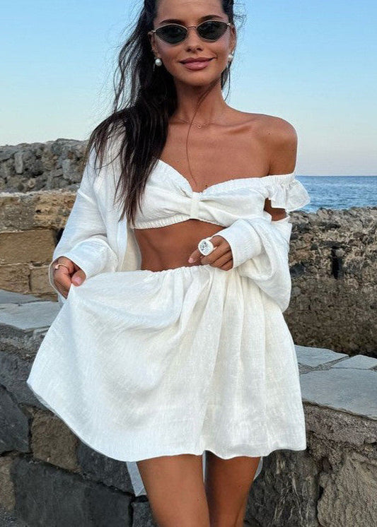 Two Piece Linen Set Off Shoulder Crop Top And Skirt
