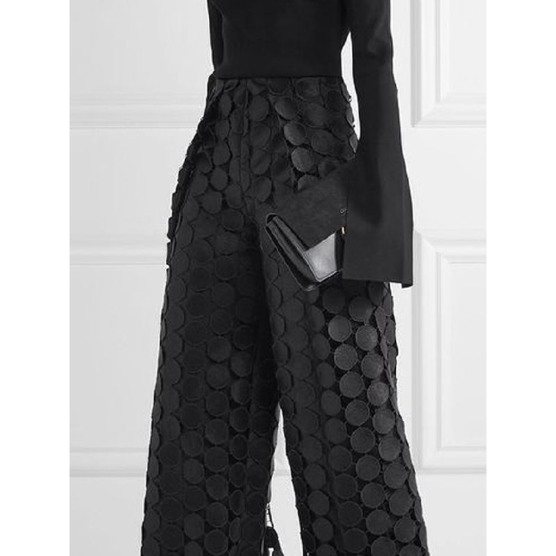 High Waisted Wide Leg Hollow Polka Dot Solid Color Pants Trousers