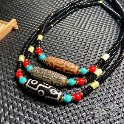Tibetan Nine-Eyed Beads Clavicle Chain Old Agate Beads With Beeswax Cinnabar Beads Necklace