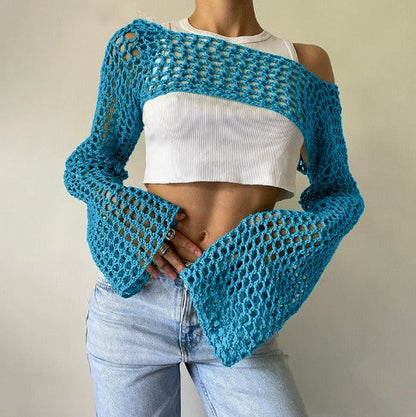 Casual Flare Sleeve Mesh Short Net Top