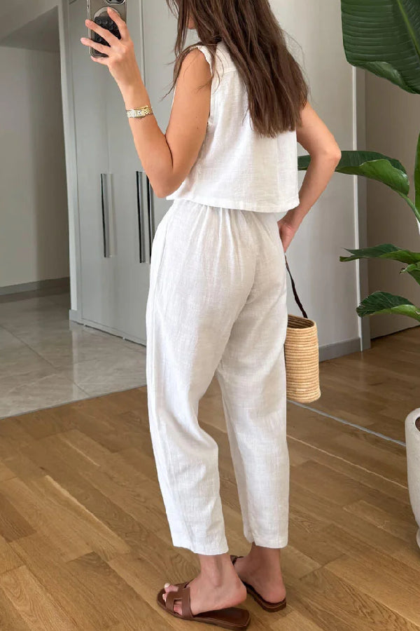 Casual Solid Lapel Vest \u0026 Pants Cotton Linen Two-piece Set