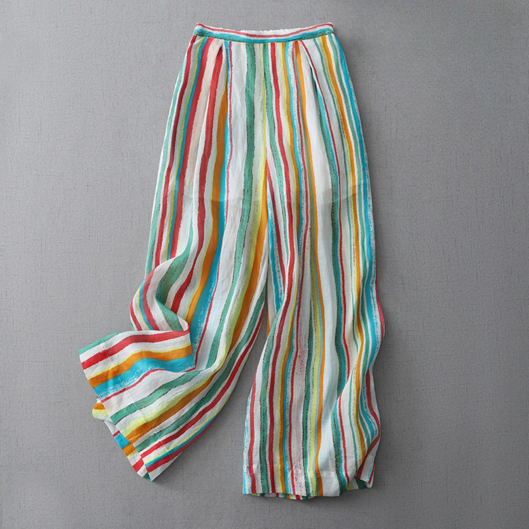 Dopamine Rainbow Stripe Pants – Airy Wide-Leg Trousers with Lining