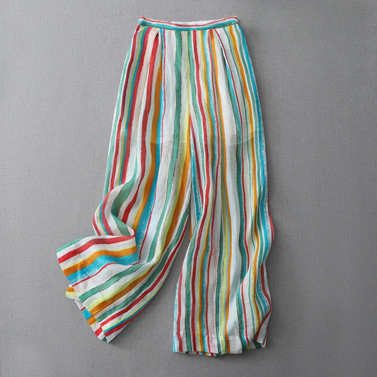 Dopamine Rainbow Stripe Pants – Airy Wide-Leg Trousers with Lining
