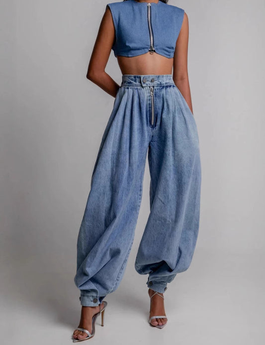 Trendy High Rise Harem Baggy Denim Pants