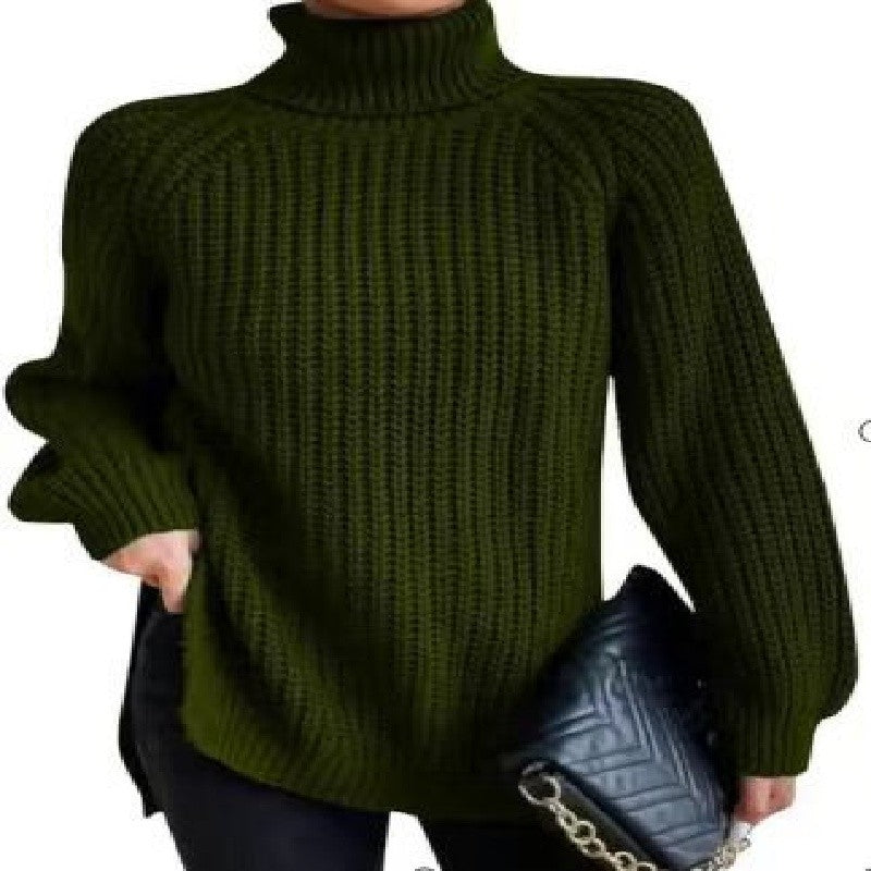 High Collar Raglan Sleeve Sweater Mid-Length Slit Hem Sweater