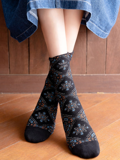 Rufia - Retro Mid-calf Socks with Diamond Floral Patterns