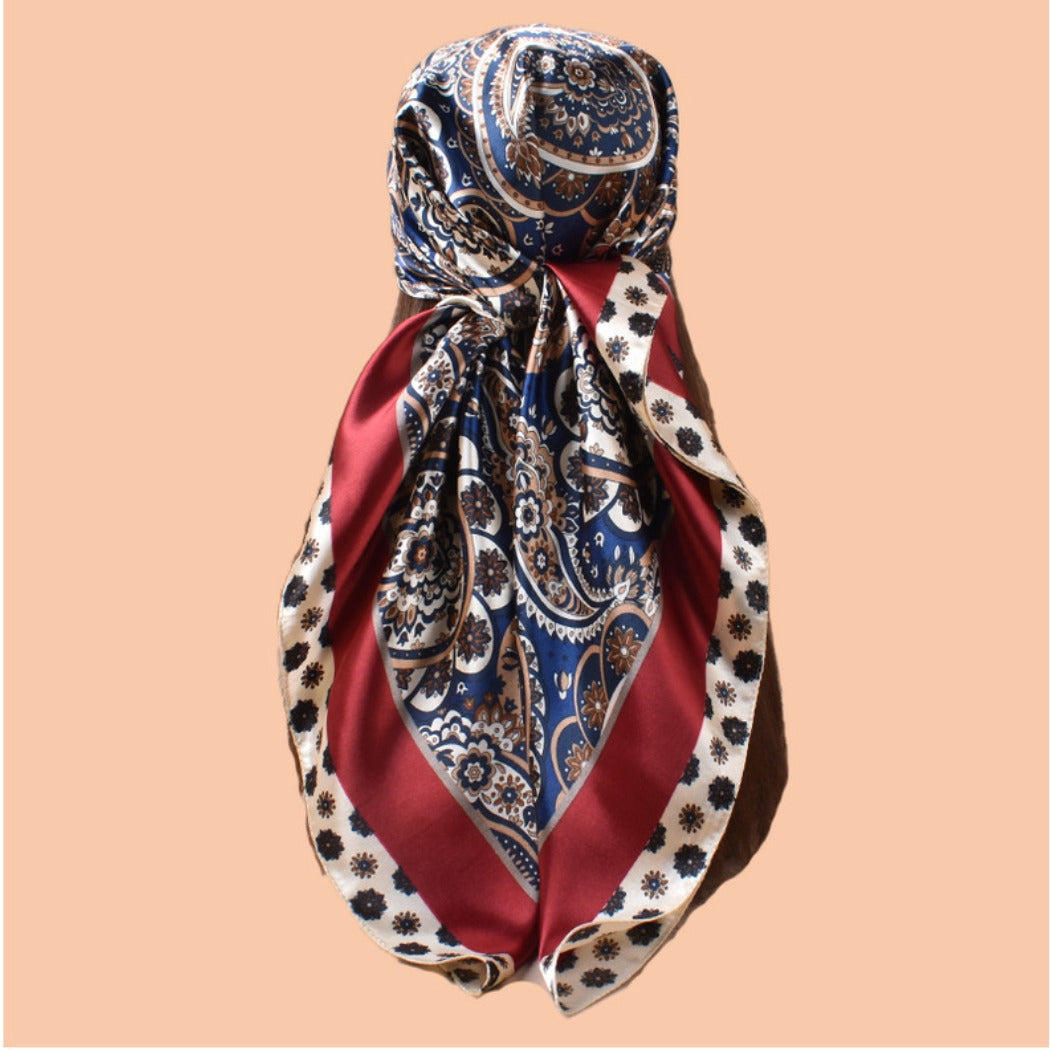 Scarvii - Vintage Paisley Silky Square Scarf - Orange/Blue