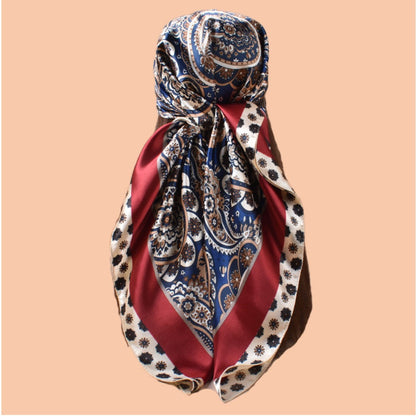 Scarvii - Vintage Paisley Silky Square Scarf - Orange/Blue