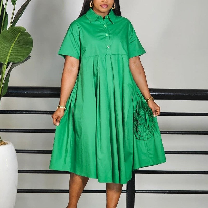 3D Floral Short Sleeve A-Line Solid Dress