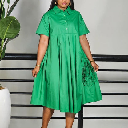 3D Floral Short Sleeve A-Line Solid Dress