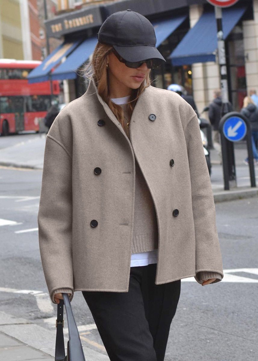 Double Breasted Woolen Coat Taupe Tailored Style