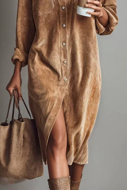 Loose Corduroy Double Chest Pocket Single Breasted Midi Dress