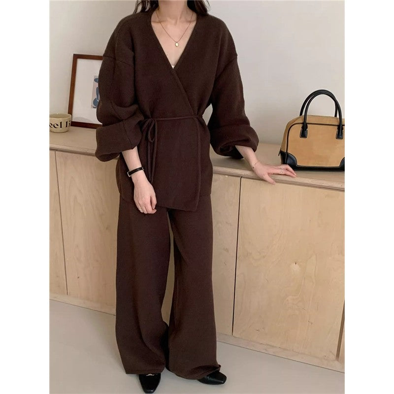Knit Cardigan With Wide-Leg Pants Set American Retro Style Two-Piece
