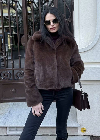 Short Coat Plush Faux Fur Dark Brown