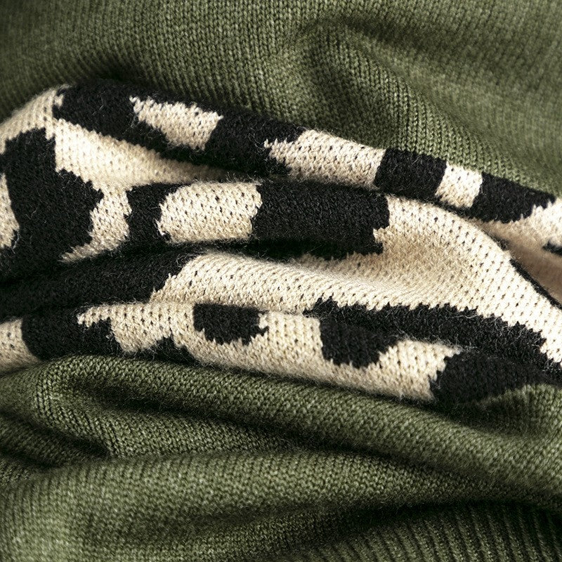 Simple V-Neck Loose Color Block Leopard Print Sweater
