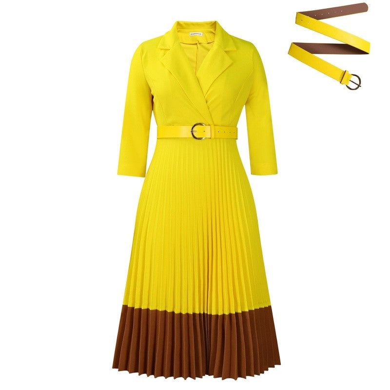High Waist Pleated Blazer Collar Color Block Dress