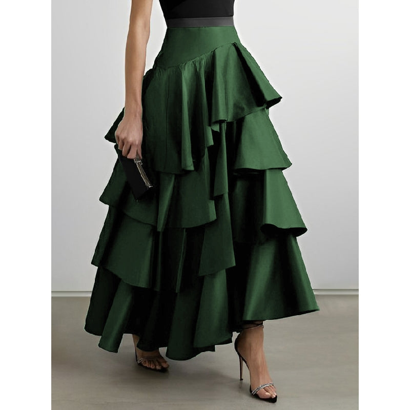 A-Line High Waisted Falbala Solid Color Long Skirts