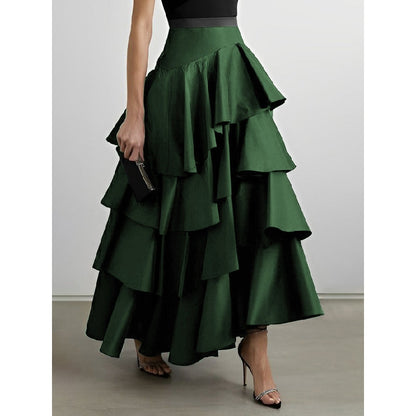 A-Line High Waisted Falbala Solid Color Long Skirts