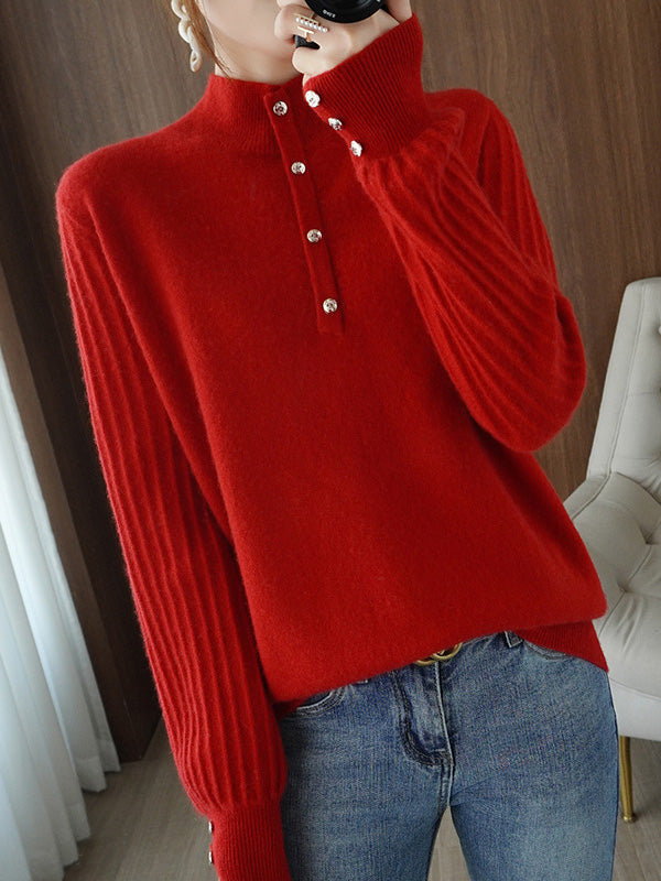 Casual Puff Sleeves Long Sleeves Solid Color Half Turtleneck Sweater Tops