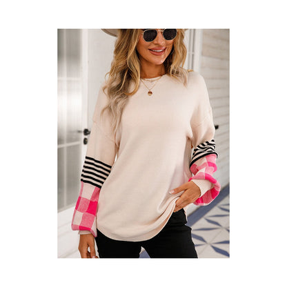 Casual Long Sleeves Loose Checkered Round-Neck Sweater Tops