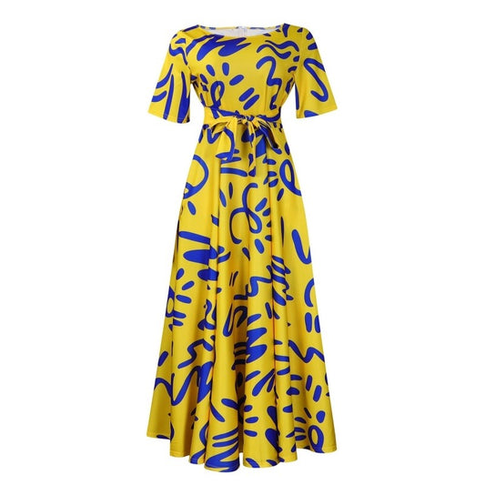 Printed Short Sleeve Flared Dress