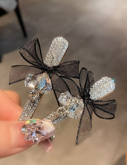 Elegant Rhinestone Mesh Ribbon Bow Hair Clip
