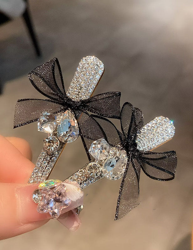 Elegant Rhinestone Mesh Ribbon Bow Hair Clip