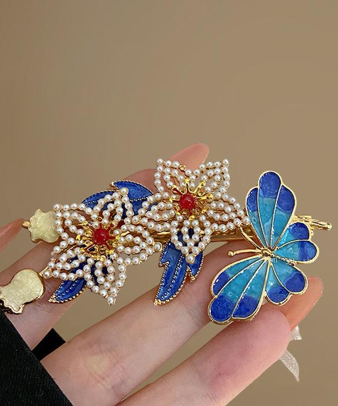 Vintage Blue Sterling Silver Overgild Pearl Cloisonne Floral Hairpin