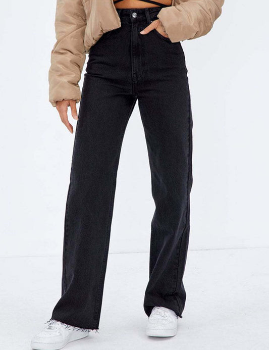 Solid Color High Waist Denim Pants Loose Jeans