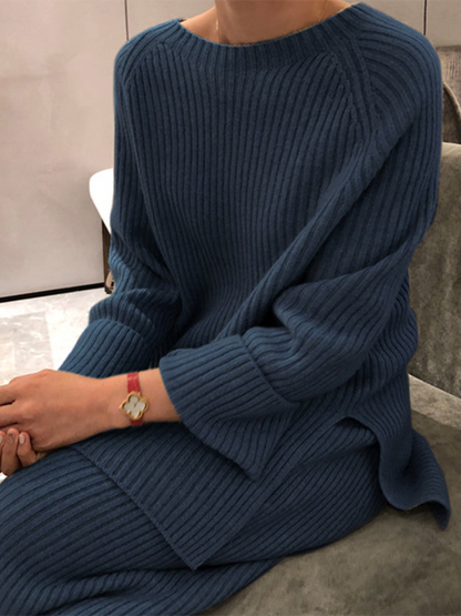 Long Sleeves Wrap Solid Color Split-Side Round-Neck Sweater Tops&Pants Suits