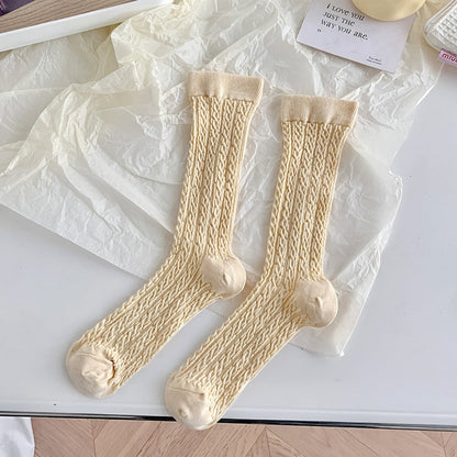 Rufia - Solid Color Cable Knit Striped Crew Socks