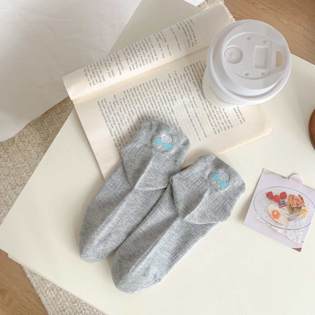 Rufia - Embroidered Bow Bear Low-Cut Socks