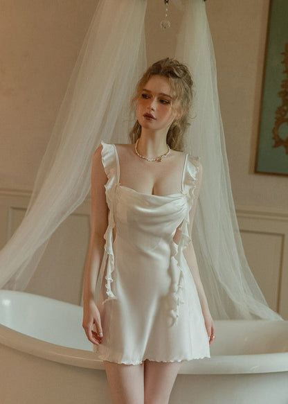 Backless Satin Pajama Dress With Ruffle Straps