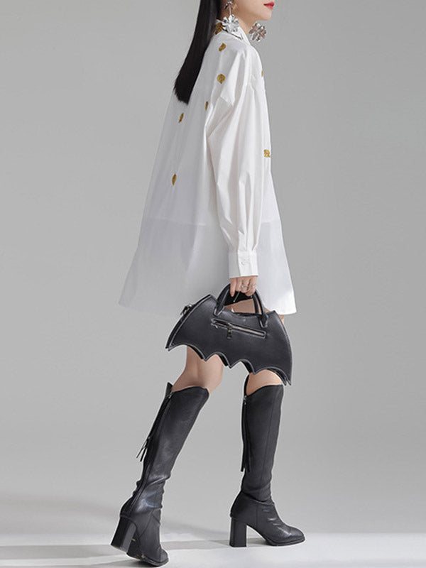 Long Sleeves Loose Buttoned Embroidered Split-Side Lapel Blouses&Shirts Tops