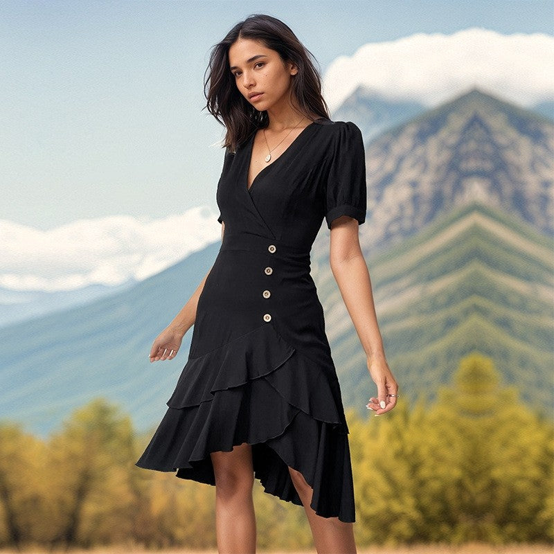 Solid Color Short-Sleeved Sexy V-Neck Irregular Slim Dress