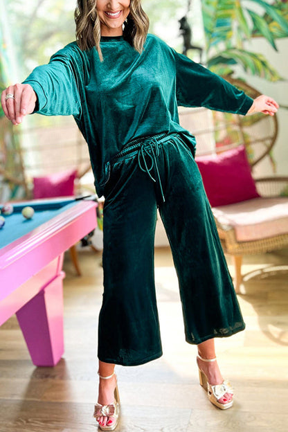 Blackish Green Velvet Long Sleeve Top \u0026 Wide Leg Pants Set