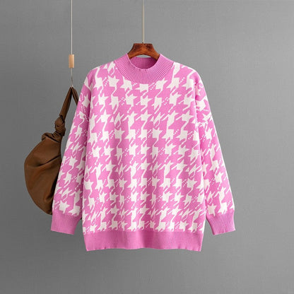 Houndstooth Crew Neck Loose Sweater