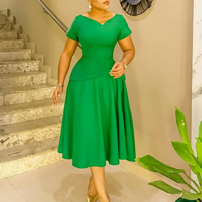 Solid Color V-Neck A-Line Swing Dress