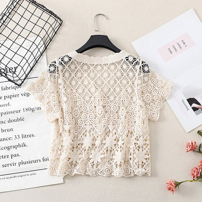 Crosa - Crochet Hollow-Out Short-Sleeve Cardigan