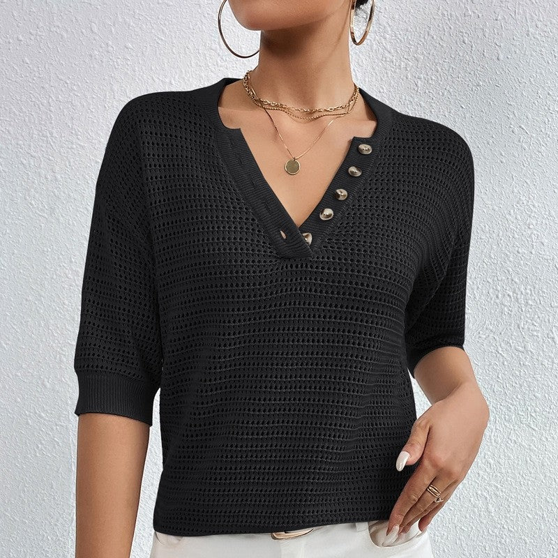 Casual V-Neck Hollow Short-Sleeved Sweater