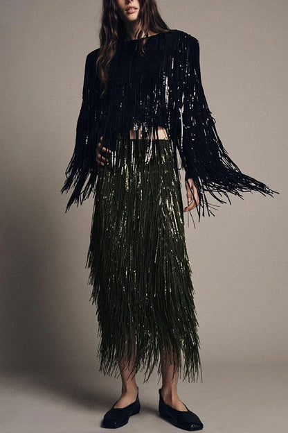 Party Crasher Layered Sequined Tassels High Rise Back Zipper Midi Skirt
