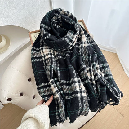 Color Block Plaid Fringe Scarf