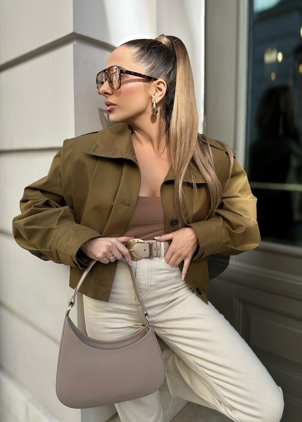 Cropped Button Up Jacket Khaki Lightweight Fabric